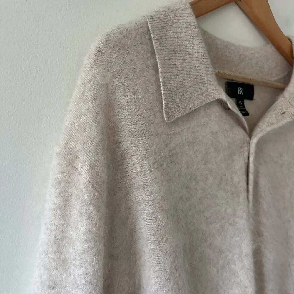 Banana Republic 100% Brushed Cashmere Oatmeal Cream Long Sleeve Polo Sweater